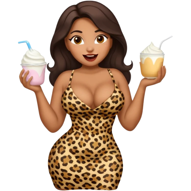 attractive full body latina with massive curves, breasts, and ass wearing a tight leopardskin dress  with her mouth open and white yogurt all over her face and in her mouth emoji