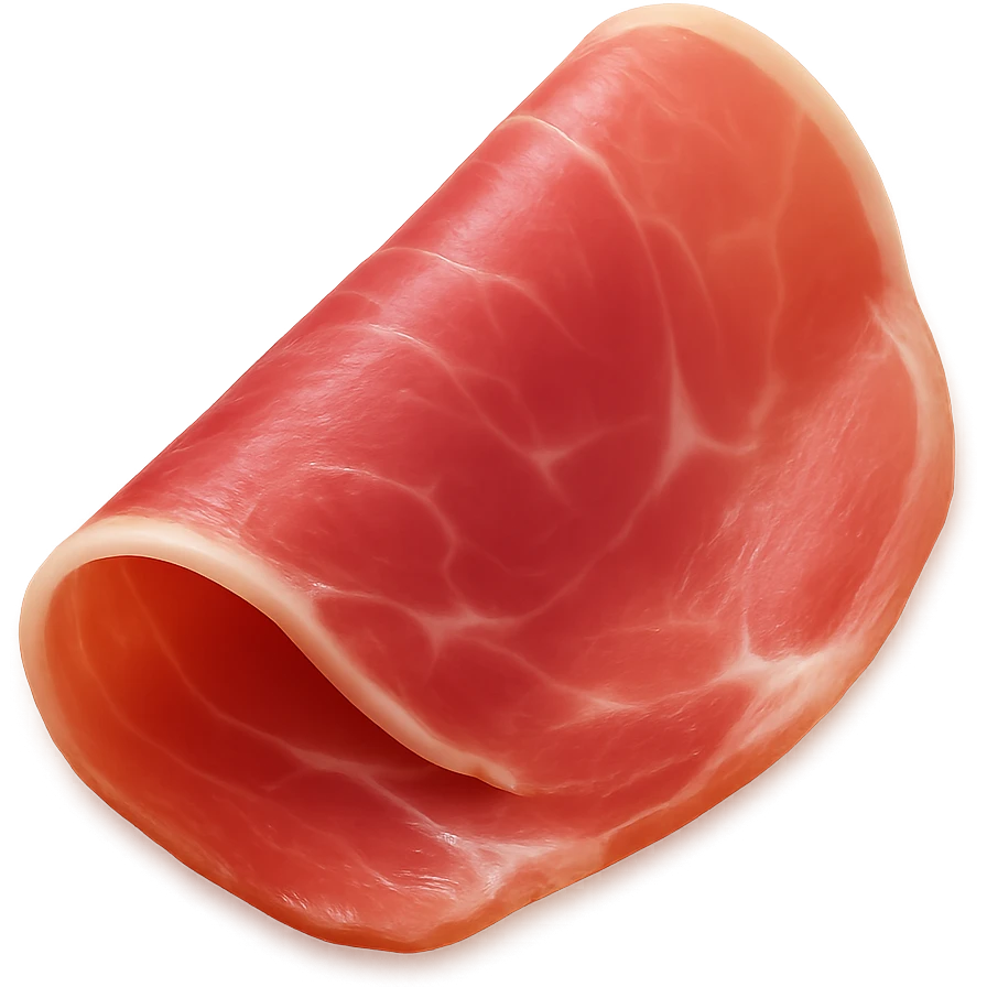 Show only one thin, delicately folded slice of dry-cured ham (jambon cru) with deep pink to reddish hue and visible streaks of white fat. Texture should be silky, slightly translucent, and marbled, with a natural fold or curl. Fat should look creamy and well integrated. Clean 3D, soft lighting, transparent background, emoji scale. emoji