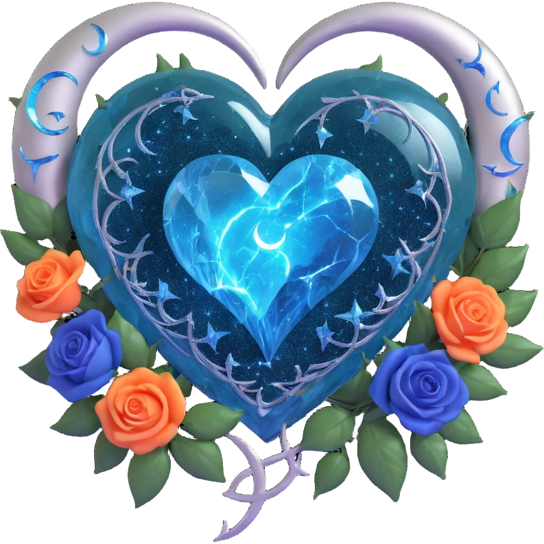 gothic heart, splintered dark teal glass, silver crescent moon, midnight blue roses, holographic stardust, neon lightning, wet look emoji