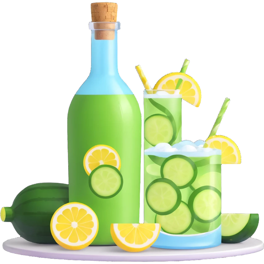 refreshing 3D cocktail in a round bottle with a very small neck and cork, liquid color #6fdef1, inside cucumber slices, lemon slices, and ice cubes, realistic, sparkling, beautiful details emoji