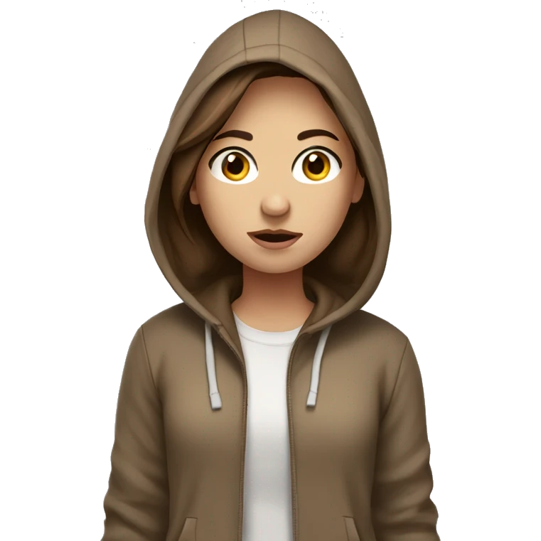 A girl with brown hair and white skin wearing a brown hoodie and looking cold emoji