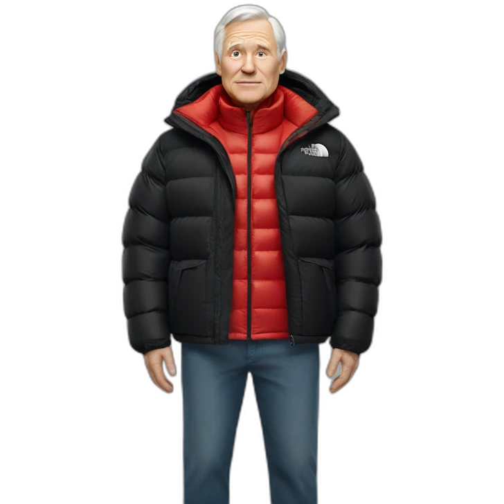 old white man overweight with black and red supreme north face puffy jacket emoji