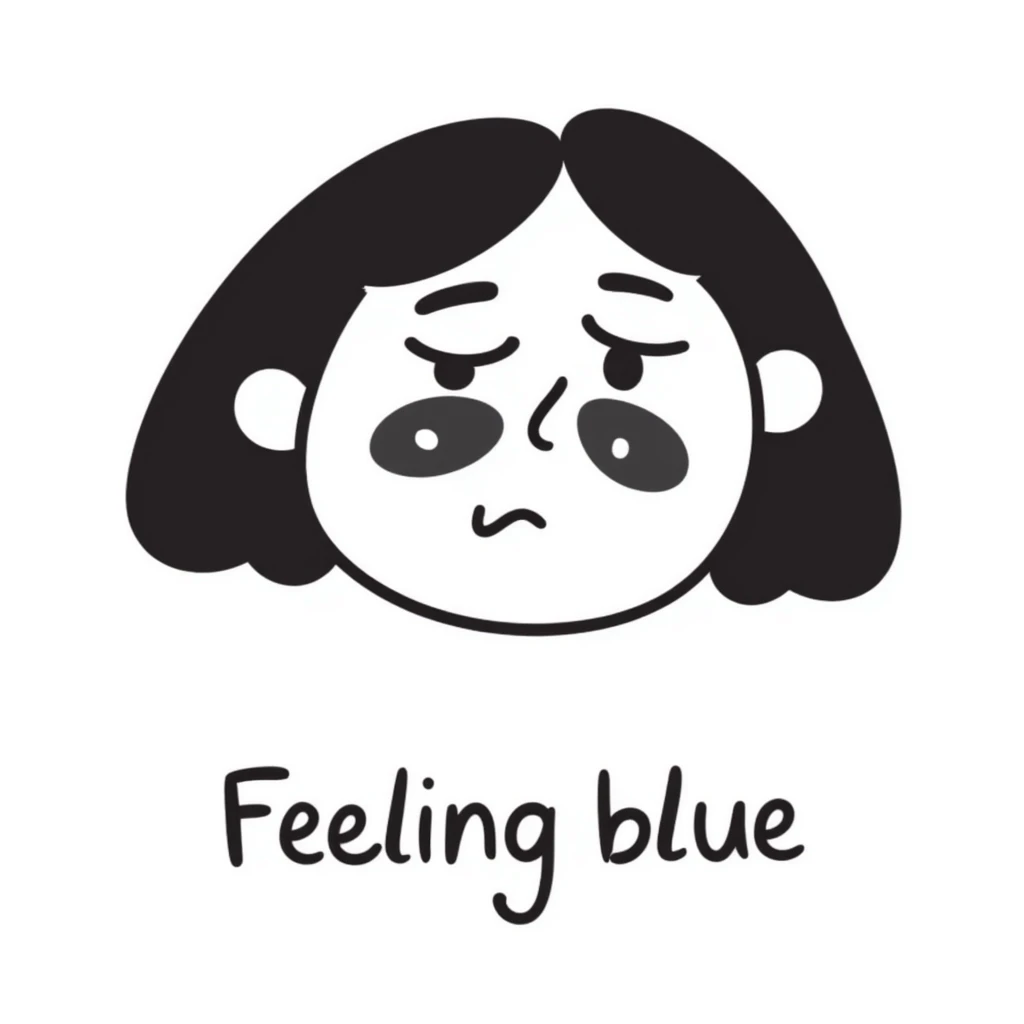 Sad face with tears saying "Feeling blue" emoji