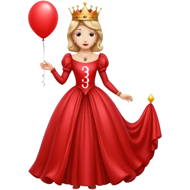 queen wearing dress, holding balloon in shape of number 3 emoji