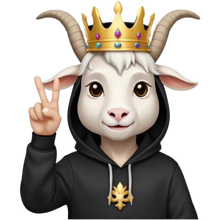White Goat with horns and bread wearing black hoodie and a royal crown do the peace sign emoji