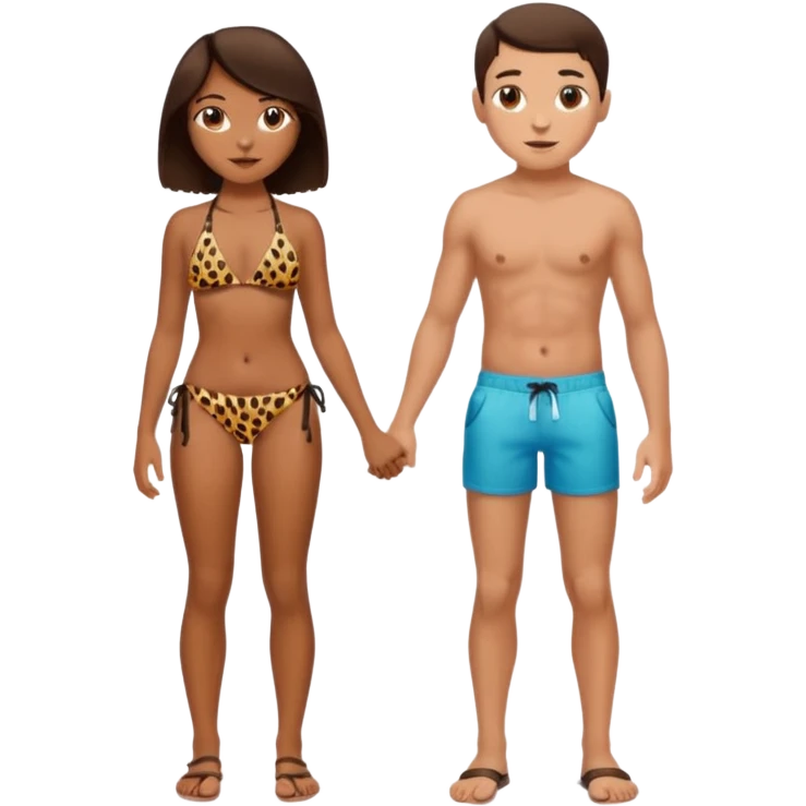 a girl wearing leopard print bikini standing with a boy wearing shorts both brunette emoji