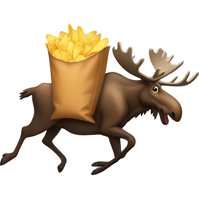 A moose running with a bag of chips and a bottle of pop emoji