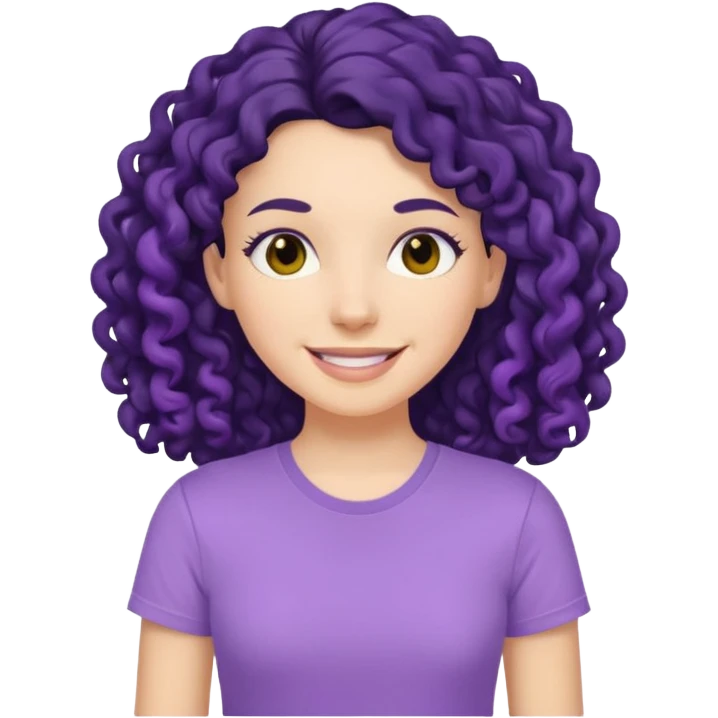mujer blanca con cabello largo rizado negro sonriendo con camiseta lila emoji