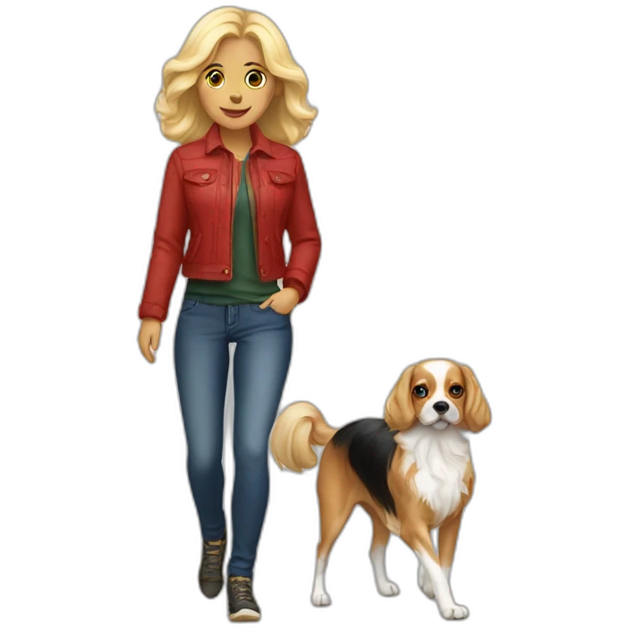 blonde-woman-walking-tricolor-cavalier-dog emoji