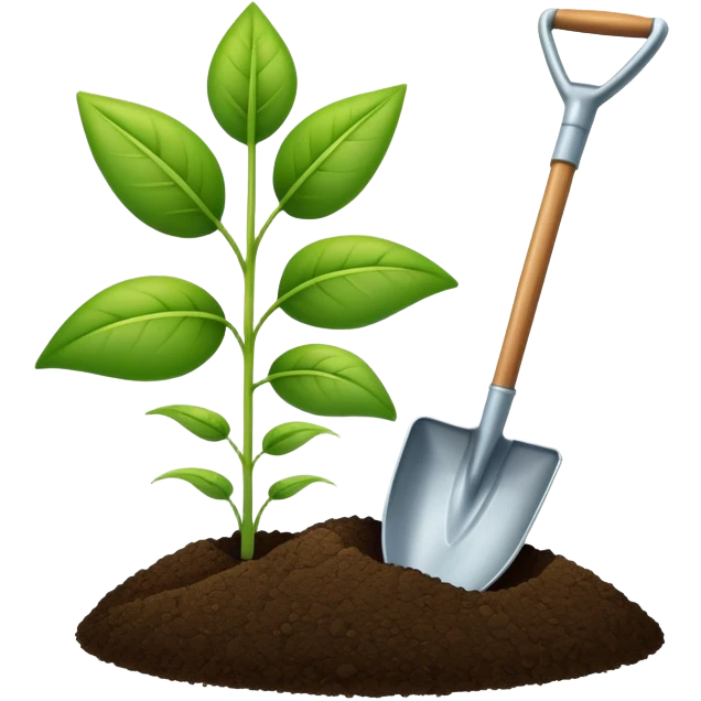 An icon featuring a shovel, a plant symbolizing agronomy. The design includes crops, a field, and a watering can, representing the science of soil management, crop production, and sustainable farming. Transparent background highlights agricultural research and growth. emoji