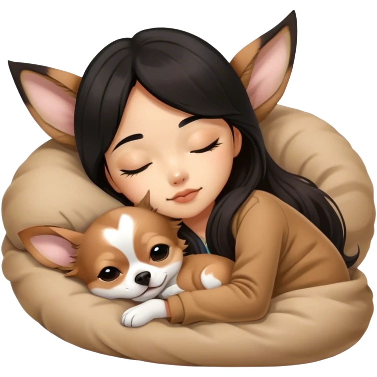 -longhair-chihuahua- with Brown Merle coat Coquette teenage cute asian black hair girl sleeping  emoji