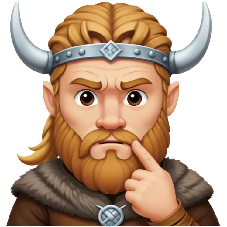  viking face with furrowed eyebrows looking upwards with thumb and index finger resting on its chin. emoji