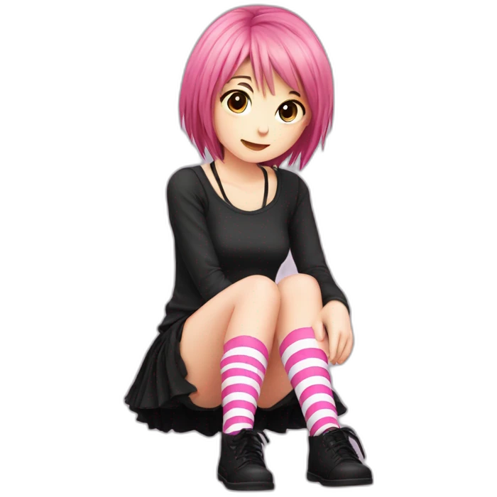 full body Front view emo girl sits on the floor black skirt pink knickers striped stockings emoji