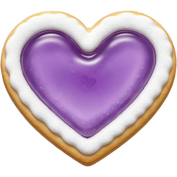 Realistic shortbread cookie in the shape of a heart with Pale Purple color jelly middle filling and sprinkled powder sugar on top. emoji