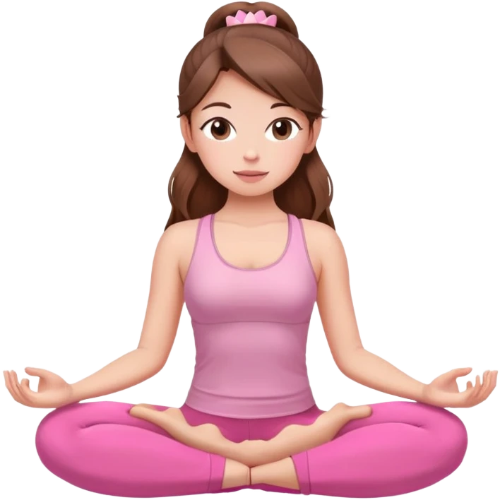 girl pink pilates princess is sitting in a lotus position in pink. yoga. brown hair and eyes light skin long hair calm emoji
