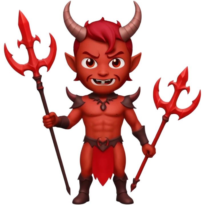 Full body shot 3D Memoji male devil, holding a three-pronged trident. Red skin, small horns, scary pose, solid background. emoji