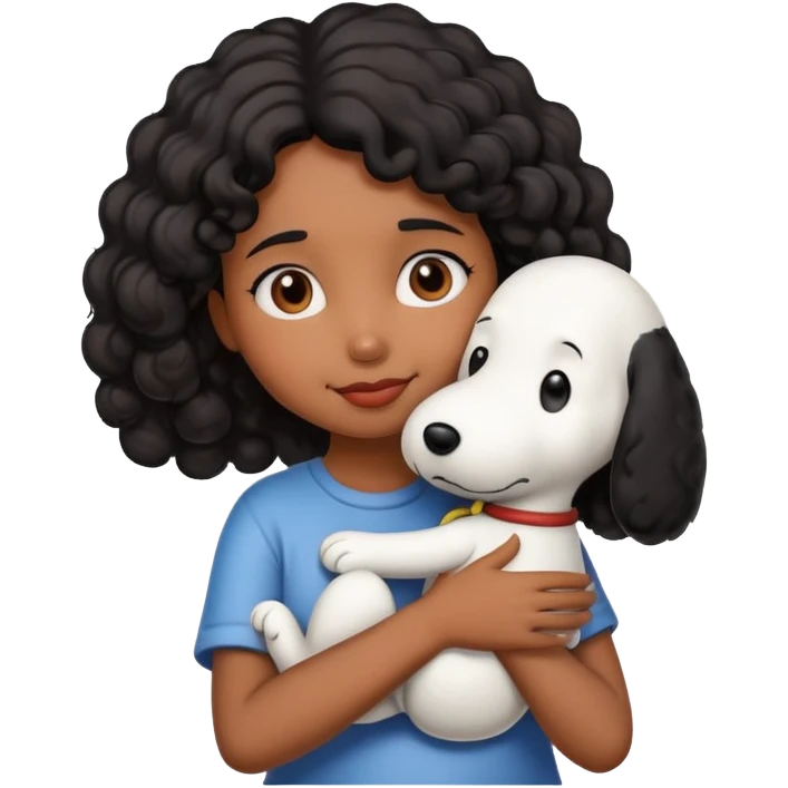 Girl with brown skin and curly black hair hugging snoopy emoji
