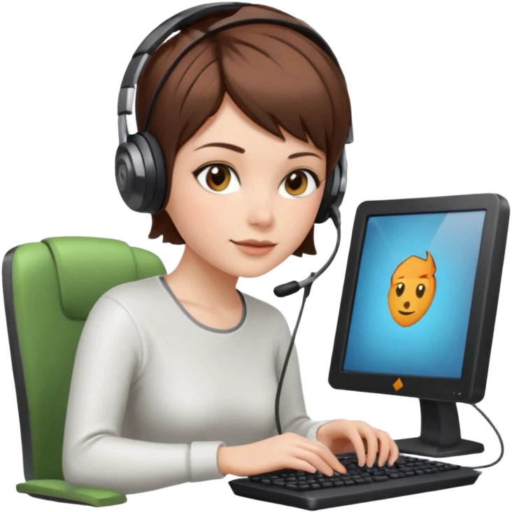 macbook pro white woman pixie haircut brown hair hazel eyes playing computer games emoji