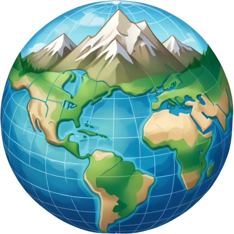 an icon featuring an earth with attitude and longitude lines, a textbook, and a topographic map, symbolizing geography as a science. The design includes a compass, mountain ranges, and rivers, representing the study of Earth's features and landscapes. Transparent background highlights geography. emoji