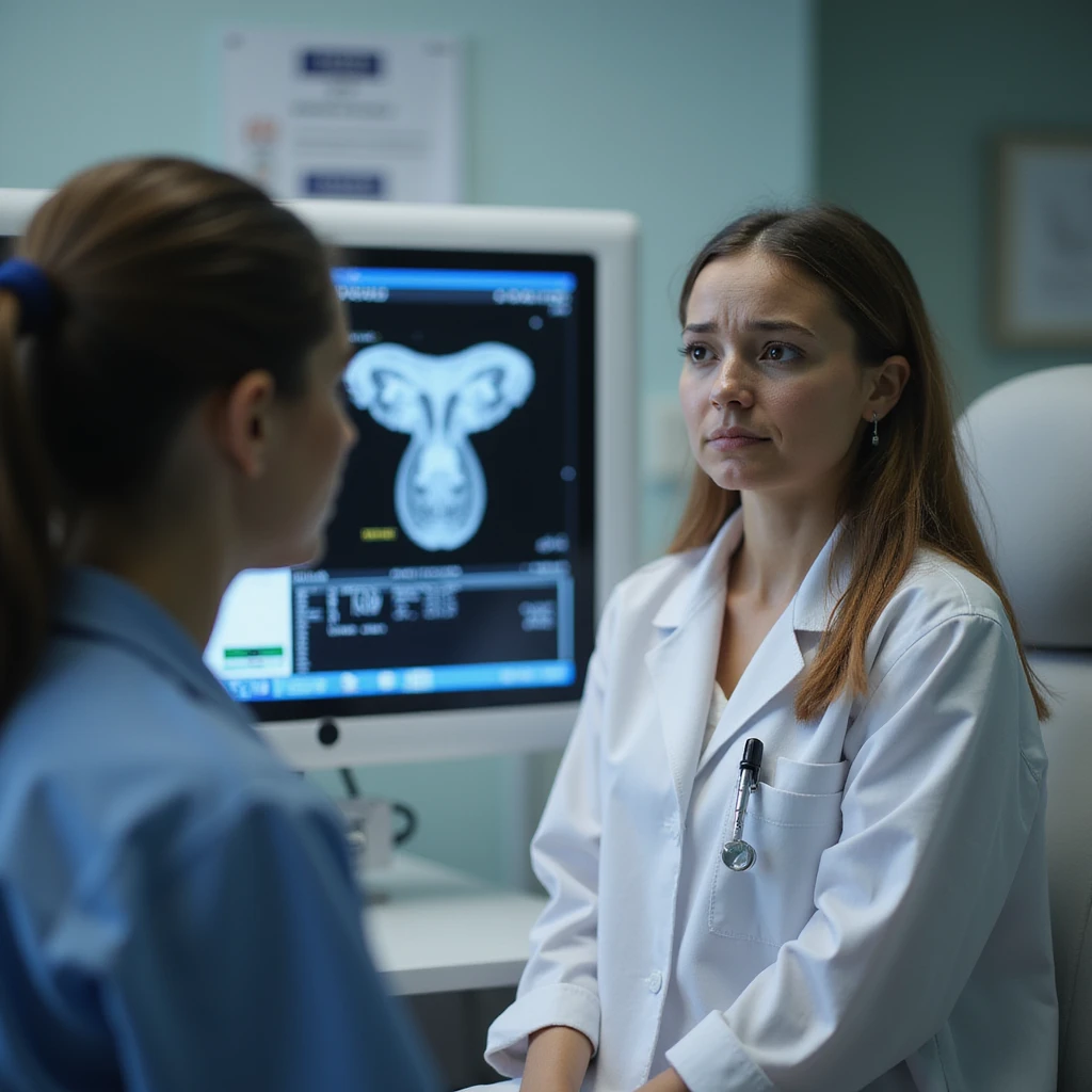 young woman in gynecological clinic, worried expression, doctor showing ultrasound with polycystic ovaries, realistic atmosphere, medical details, medical office background, 4K quality emoji
