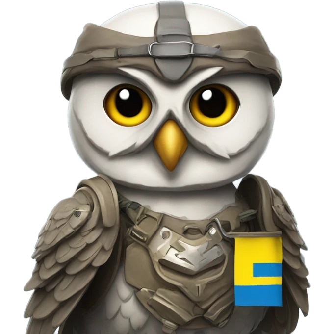 owl in battle gear in front of ukrainian flag emoji