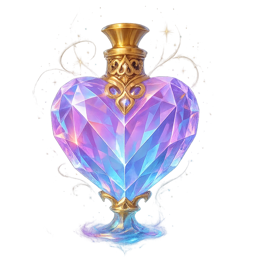 premium class crystal elixir bottle heart-shaped, pastel gradient, lots of glow, facets, ornaments, golden details, magical effects, very small golden neck, transparent background, beautiful merging base, clearly floating in air, no ground or shadow, very luxurious, matching a collection emoji