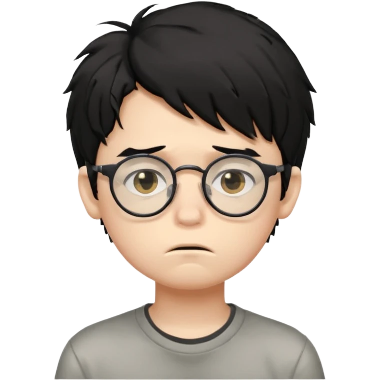 
young boy, 16 years old, messy black hair, glasses, sad face emoji emoji