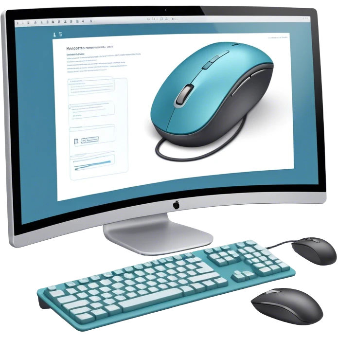 Create an emoji for UX/UI design. Large curved monitor, displaying UX/UI program design interface. Include a mouse, keyboard, and stylus, symbolizing the design process. Use modern, professional colors. Do not include any emojis or smiley faces. Make the background transparent. emoji