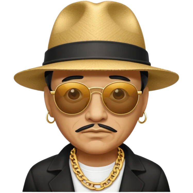 old Chicano gangster, tilted hat, large sunglasses, gold chain emoji