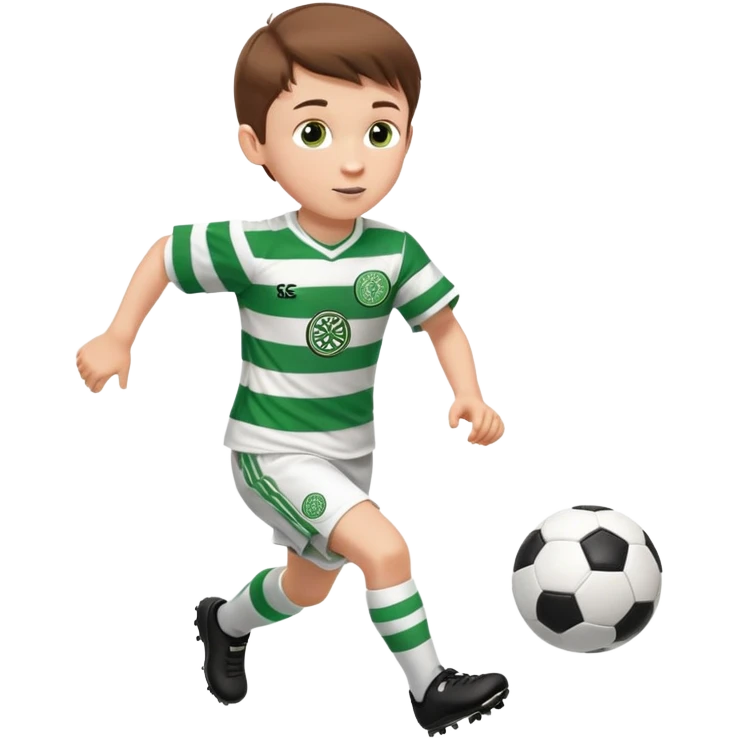 Brown hair 6 years old white boy footballer RUNNING playing soccer wearing CELTIC  UNIFORM  has white stripes  # 17 in the jersey the celtic football club logo NO CHEST LOGO in middle NO  emoji