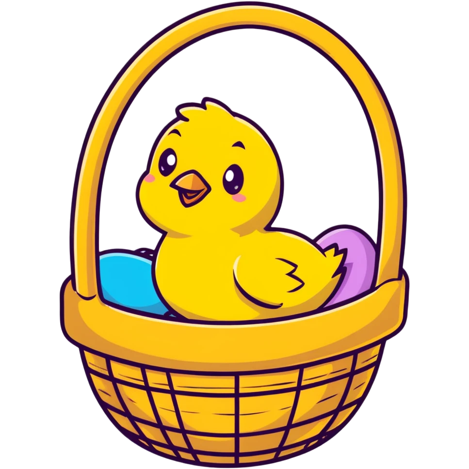 Yellow chick sitting in an Easter basket with colorful eggs emoji