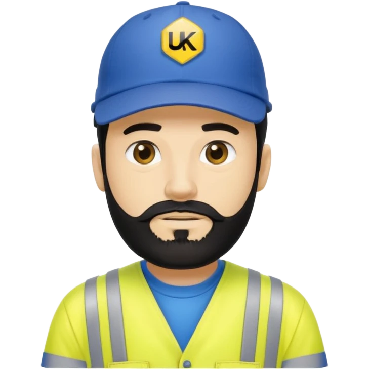 Man in yellow hi vis overalls, with black hair and full beard, wearing a blue baseball cap saying UKPN emoji