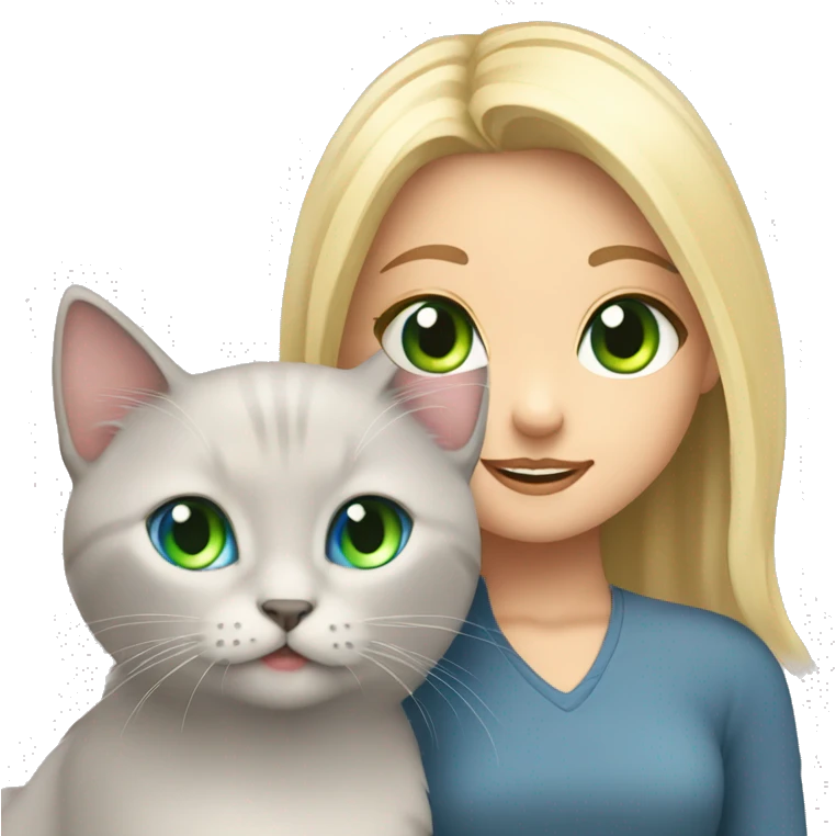 blue eyes grey kitten and green eyes blonde girl are friends emoji