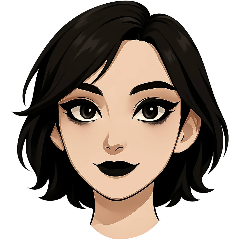 Isolate and keep only the face of Samsung Sam, removing neck and torso. The face should have black bob haircut and gothic style makeup. Preserve transparent background. emoji