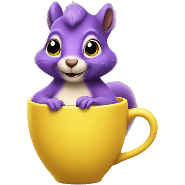 purple animated squirrel in a yellow dress with a large mug of coffee in its paws emoji