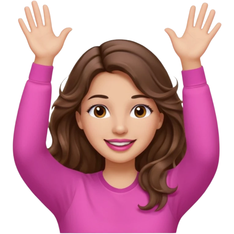 girl with long wavy brown hair, brown eyes, light to medium complexion, in a pink shirt, pink lips, long lashes, puckered lips, both hands in teh air emoji