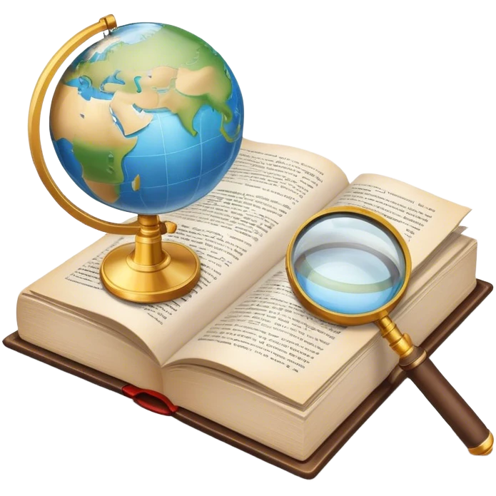 Icon for Non-Fiction Reading: an open book with pages filled with factual text, surrounded by a magnifying glass, a globe, and a stack of reports. The icon should convey the investigative and informative nature of documentary and non-fiction literature. Transparent background. emoji