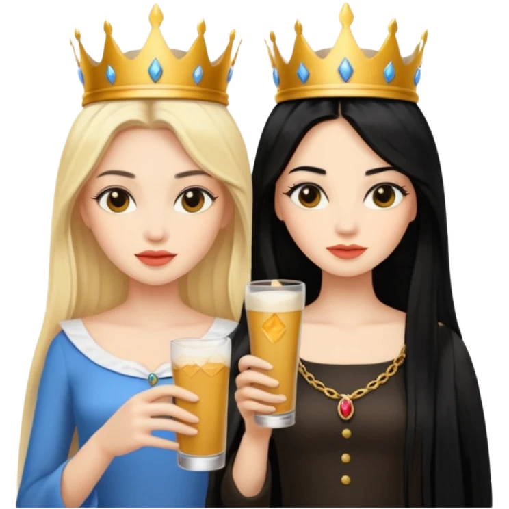 Two queens with long black hair and blonde drink emoji