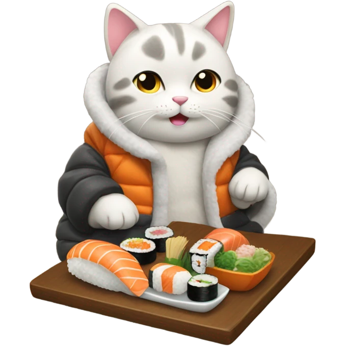 cat in a big puffy jacket eating sushi emoji