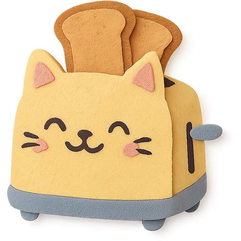 cute cat-shaped toaster with two toast slices popping out, smiling, soft pastel palette, full-body emoji