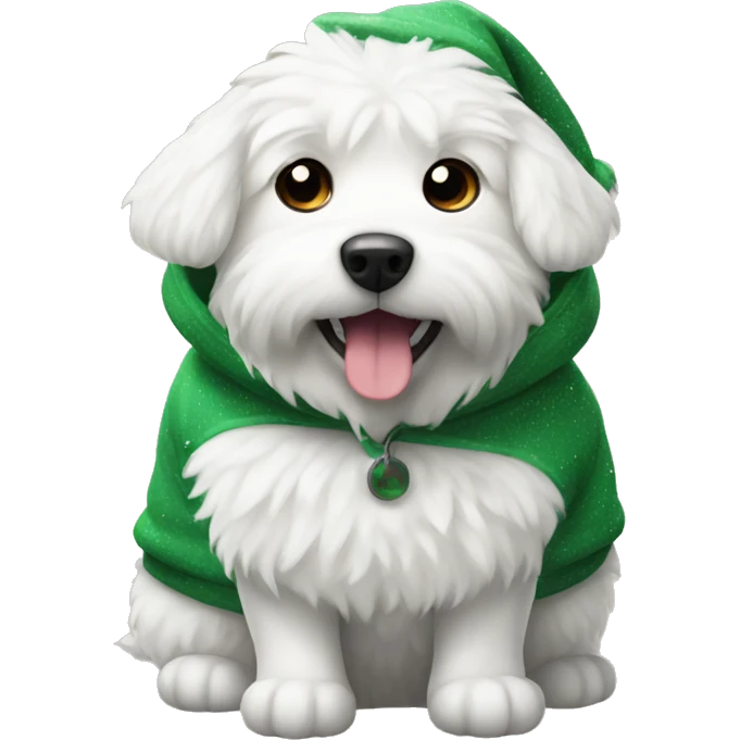white fluffy dog wearing a christmas hoodie emoji