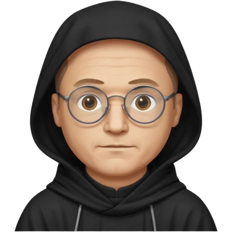 Monk priest prayer black habit with hood round black glasses done light brown wavy hair under hood remove the medallion smaller more round glassed age 46 remove necklace thinner or more oval face  emoji