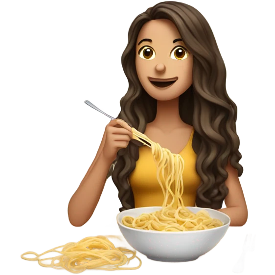 Gorgeous brunette eating linguine pasta in her mouth emoji