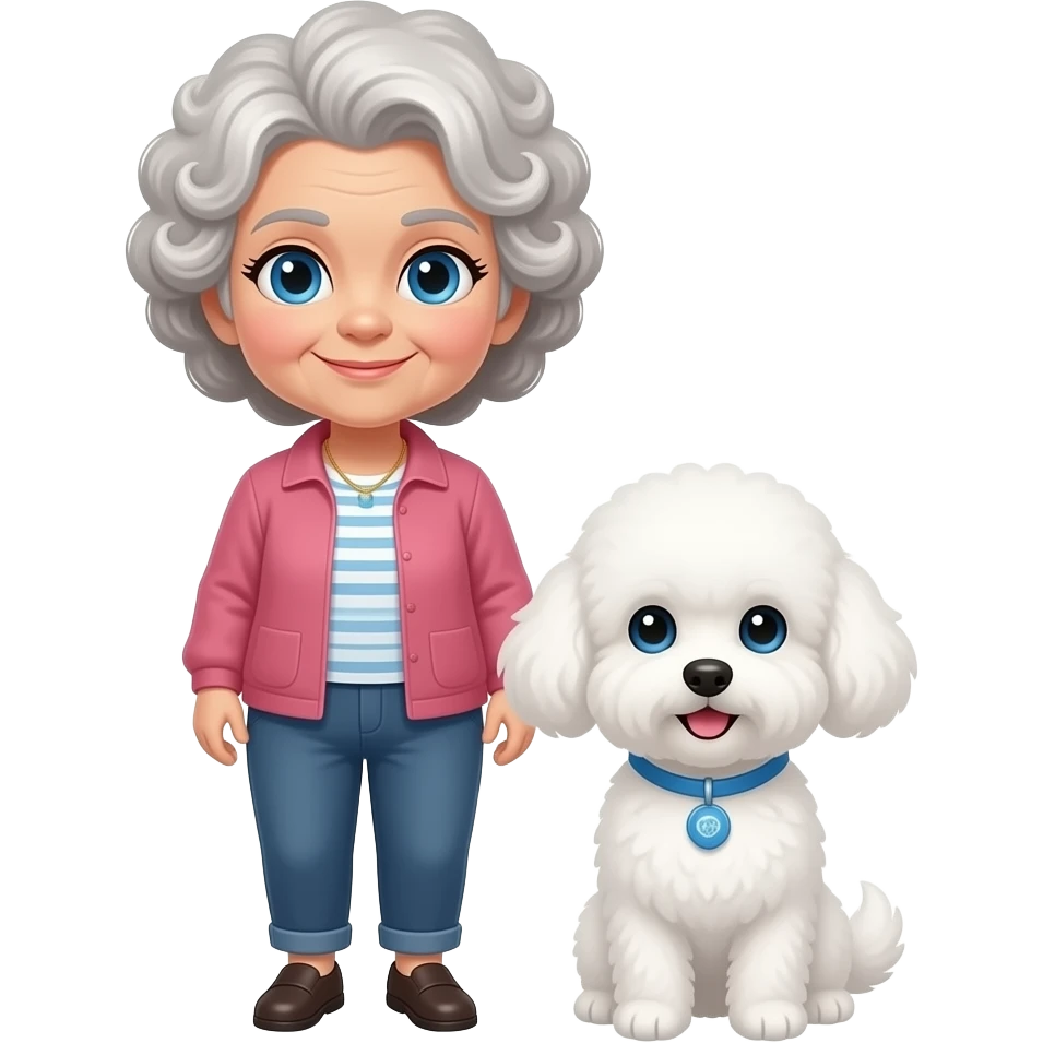 Elder woman curly hair blue eyes having a  white Maltipoo emoji