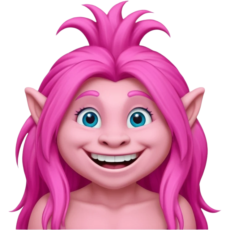 pink long haired troll character inspired by Poppy from Dreamworks Trolls, smiling, big eyes emoji