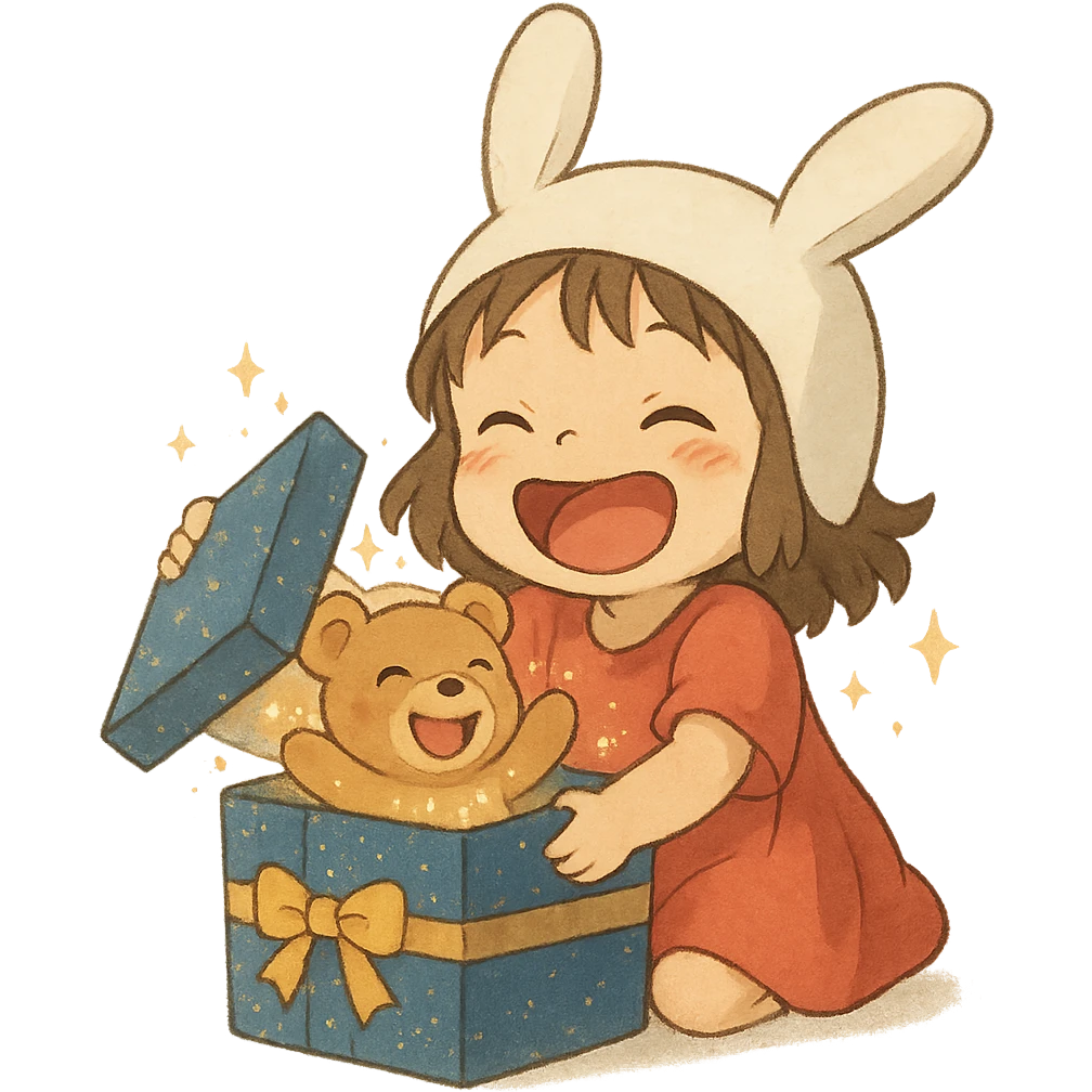 laughing chibi girl in bunny hat opening glittery gift box with laughing teddy bear inside, soft ghibli style emoji