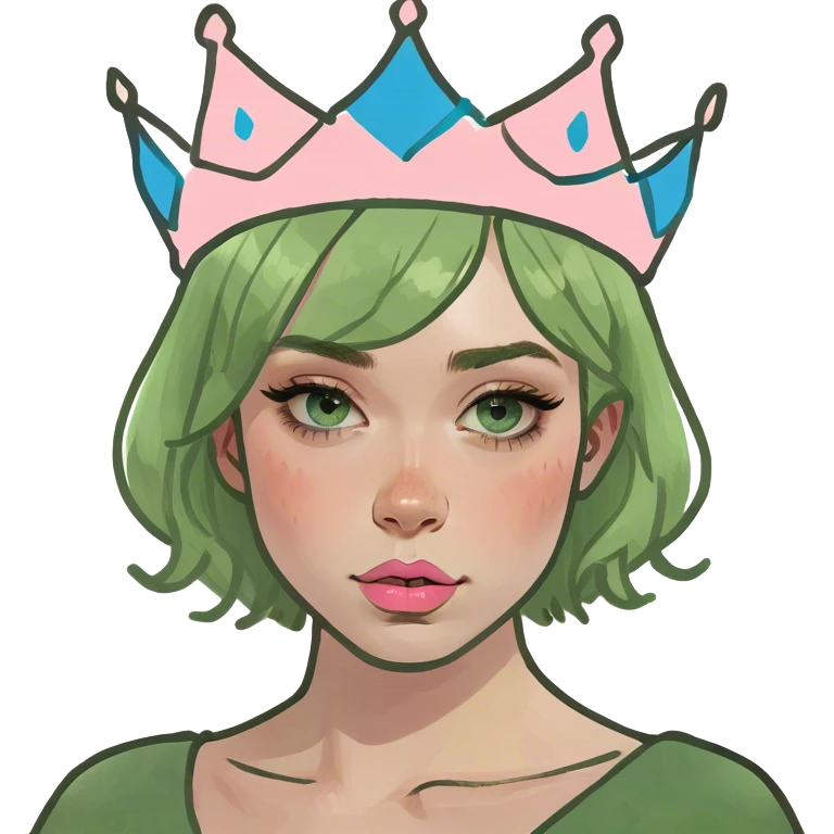 A girl with blue eyes a pinkish lips and blush with short blonde hair wearing a crown  emoji