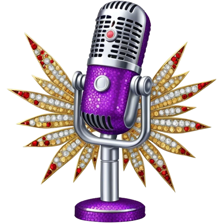 Create a glamorous and vibrant emoji representing stage vocal performance. The design should feature a humanless collage of classic vintage microphone, stage costume covered in rhinestones, sparkling brightly. The costume should be stylized, with glittering elements like sequins and sparkles, and reflect the glitzy, extravagant nature of show business. The microphone should have a sleek, retro look with chrome or metallic accents. Use rich, dazzling colors like gold, silver, deep purple, and bright red to evoke the glamorous, larger-than-life feel of a stage performance. The background should be transparent. emoji