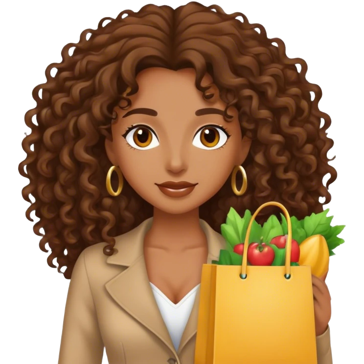 Rich brown girl with brown long curly hair shopping  emoji