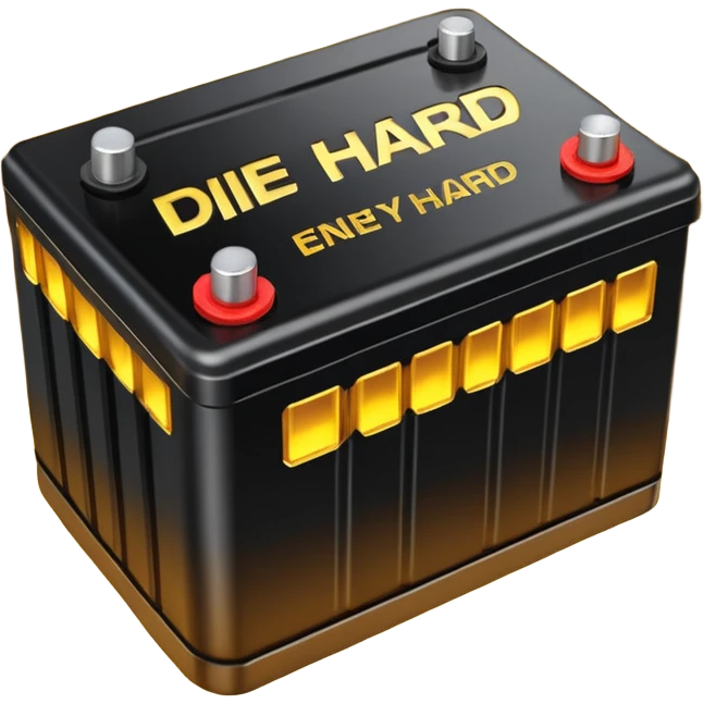 black car battery labeled 'Die Hard' with golden energy waves surrounding it, highlighting its strength emoji